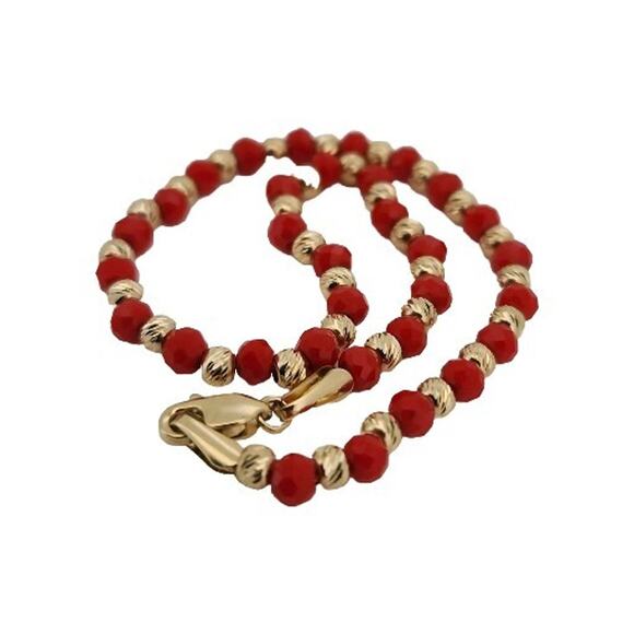 14k Yellow Gold Fashion Red And Gold Beaded Bracelet 7.5" - Picture 2 of 8